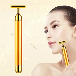 24k Gold T-shaped Vibrating Facial Roller Beauty Bar Slimming Face Massager Device Tightening Anti-wrinkle Facial Care Tools