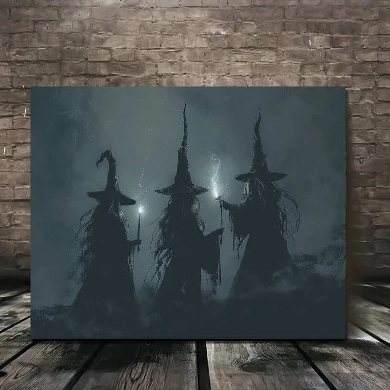 Three Dark Witches Canvas Art: Tall Pointy Hats, Wands, And Foggy Atmosphere - Perfect For Halloween Decorative Painting Decor