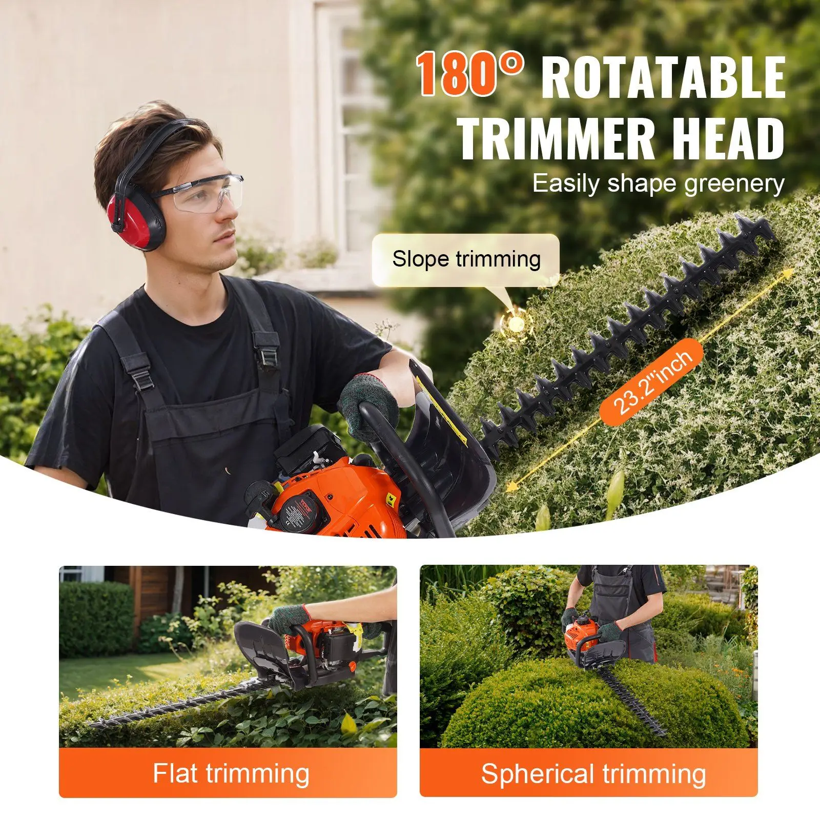 Professional Gas Hedge Trimmer 26CC 23.2 Inch Dual Sided Blade with 180° Adjustable Head for Garden Shrub and Bush Trimming