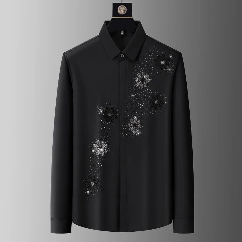 Silky Covered Button Shirts For Men Long Sleeve Hotfit Rhinestone Summer Top Quality Seamless Soft Comfortable Camisas De Hombre