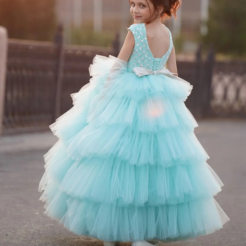 Elegante vestido de tule sem costas para crianças, sem mangas, gola redonda, florista, festa de casamento, aniversário