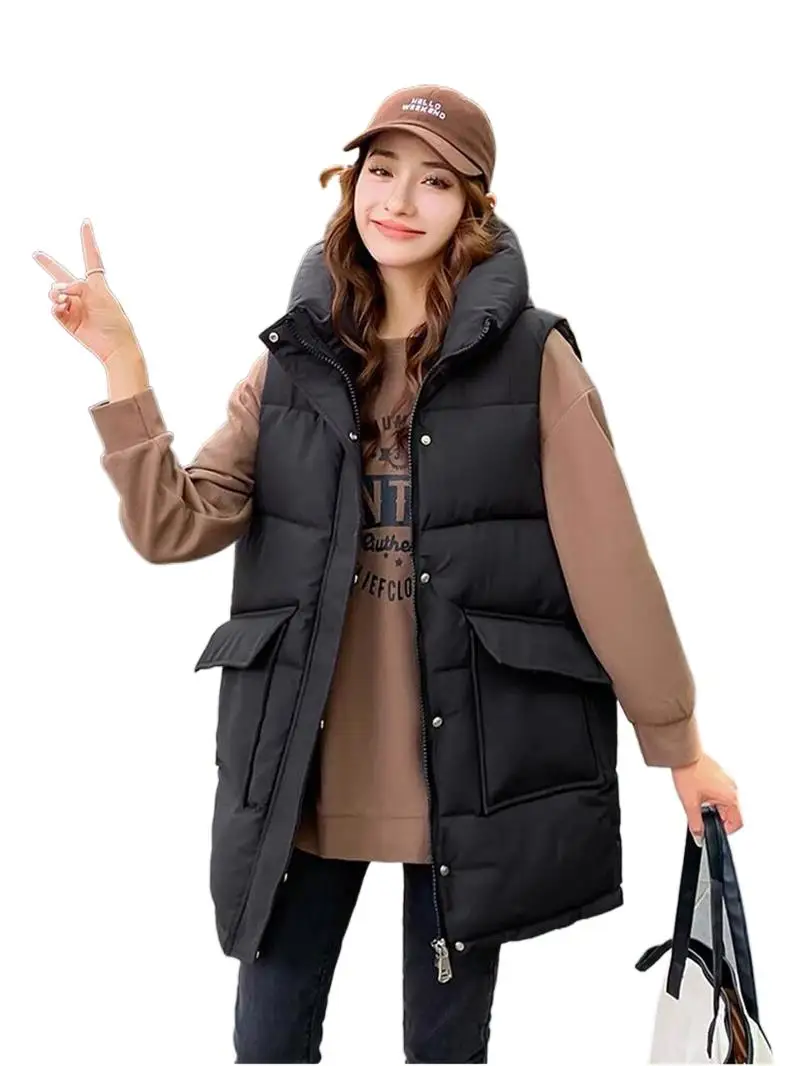 

New Autumn Winter Cotton-Padded Hooded Long Vests For Female Hot Selling Big Pockets Casual Chic Streetwear Puffer Waistcoats