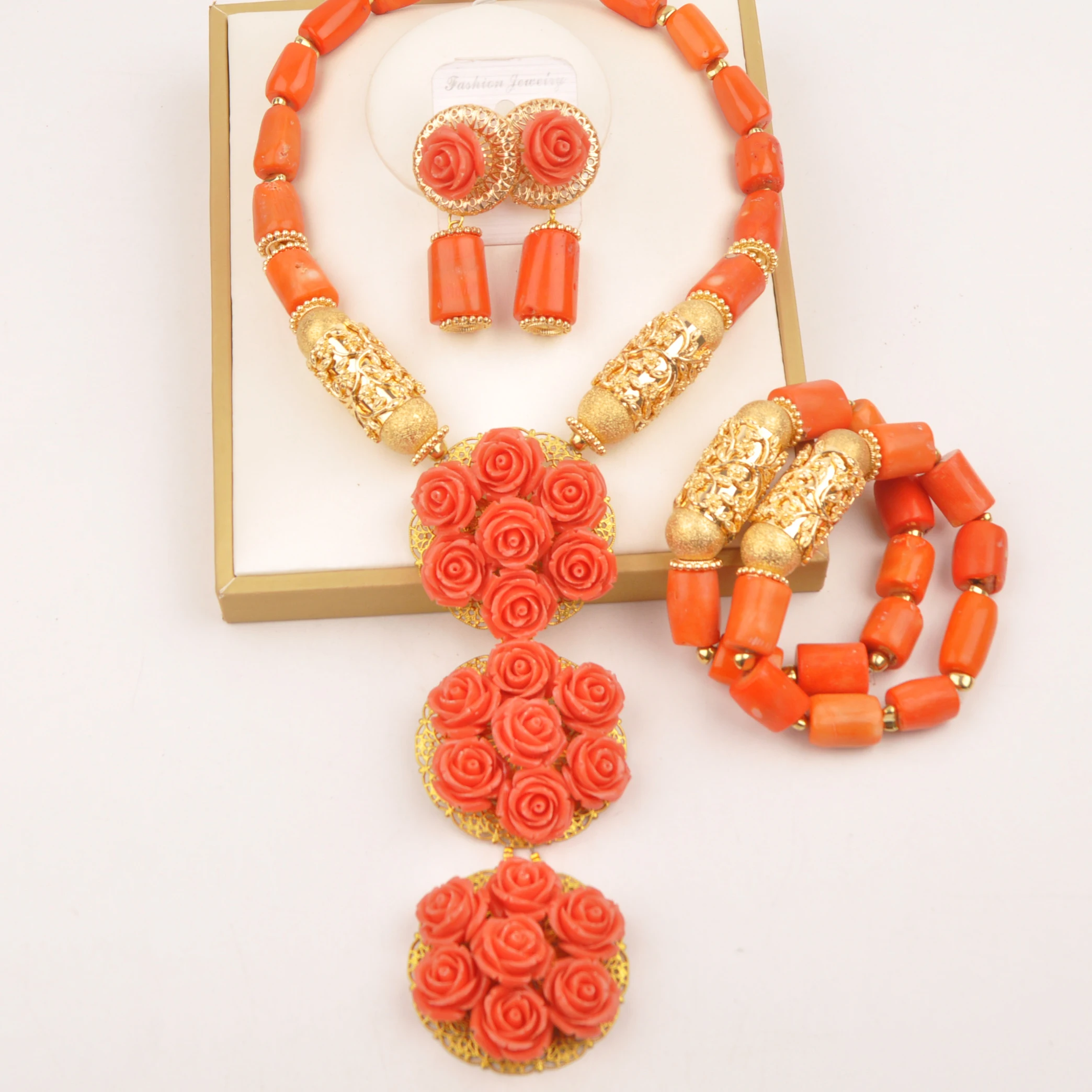 

Natural coral Bead jewelry set African Orange Gift bride Nigerian necklace