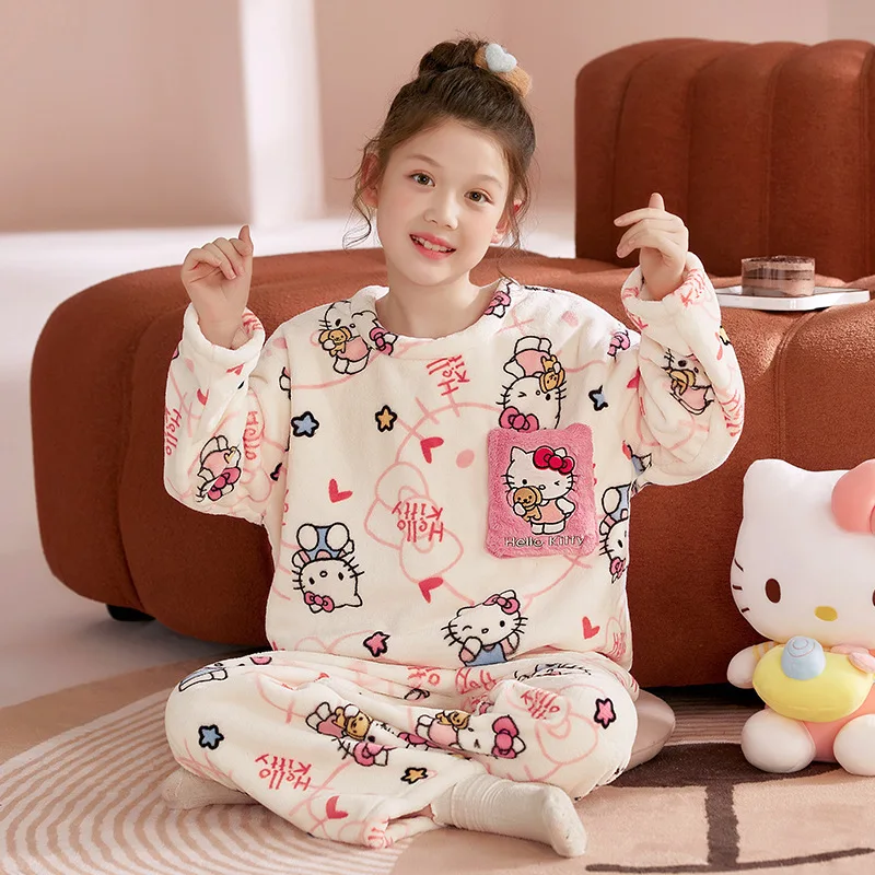 

Зимний детский плюшевый пижамный комплект в стиле аниме «Hello Kitty», Kuromi Kawaii, милые коралловые бархатные теплые утолщенные милые пижамы для девочек, домашняя одежда