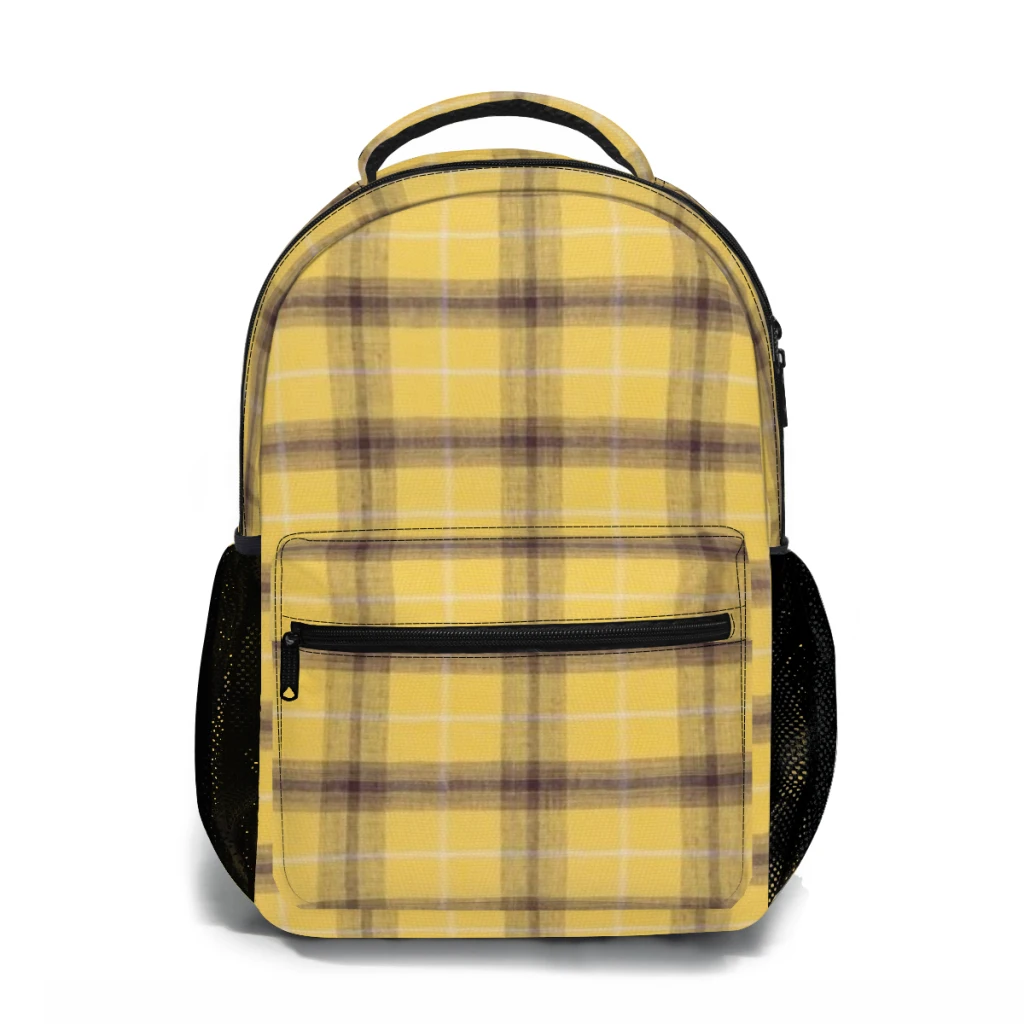 New Fashionable  Yellow and Brown Plaid Backpack Bag Large Capacity Trendy Book Bag Multi-pockets Adjustable 17inch