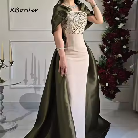 Customized Evening Dresses Off Shoulder Luxury Beading Mermaid Contrast Color Arabic Prom Dress Long Party Dress Customized