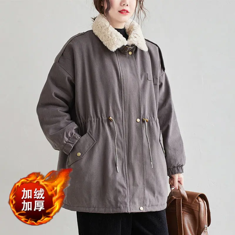 Oversized Loose Detachable Lamb Fur Collar Cotton Padded Jacket For Women Winter Thickened Warm Parka Coat Mujer Abrigos T1321