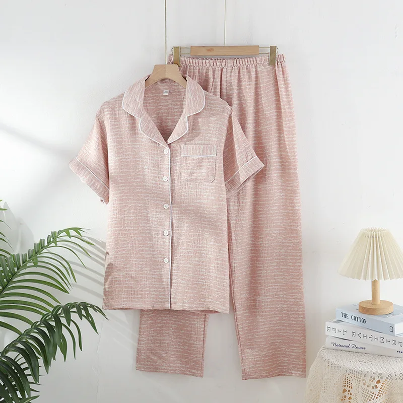 طقم بيجامة للزوجين جديد لعام 2026 100% قطن جاكار بأكمام قصيرة طقم مكون من قطعتين سترات للرجال والنساء ملابس منزلية #3