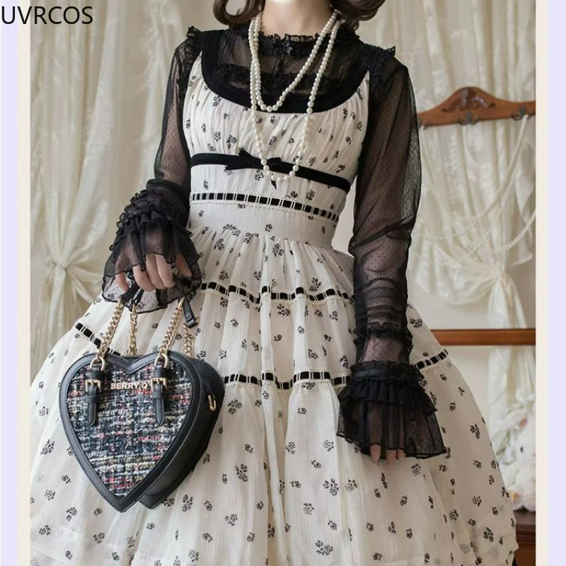 Victoriaanse Vintage Elegante Lolita Blouses Vrouwen Japanse Zoete Ruches Mesh Dunne Shirts Meisjes Kawaii See Through Jsk Binnenkant Tops