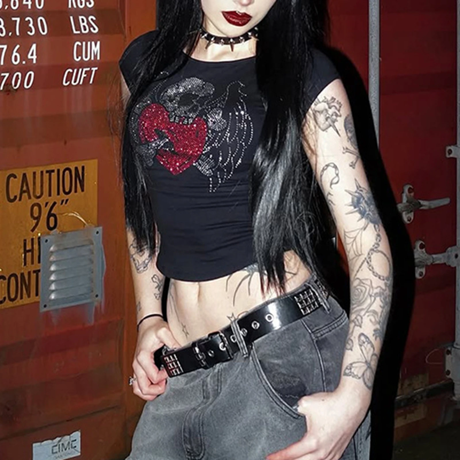 تي شيرت ريترو Y2K تي شيرت مطبوع عليه حجر الراين لقضاء عطلة الشاطئ وحفلات الصيف والارتداء اليومي والنشاط الخارجي ملابس الشارع