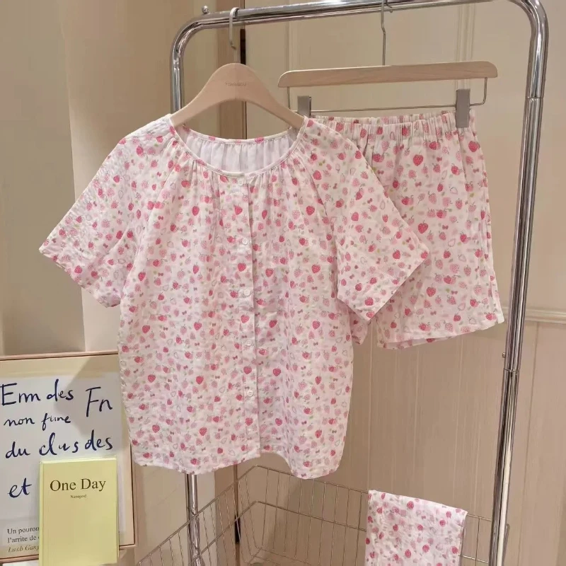 

Womens Cute Sweet Strawberry Print Pajama Set Short Sleeve Shorts Dopamine Style Home Daily Loungewear Suit