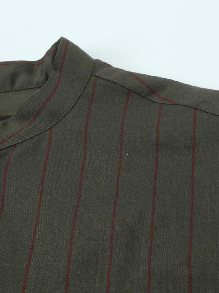 Spring Autumn Stand Collar Long Sleeve Single Breasted Striped Shirts Women Pockets Decoration Blouses Female Casual Wear 2025