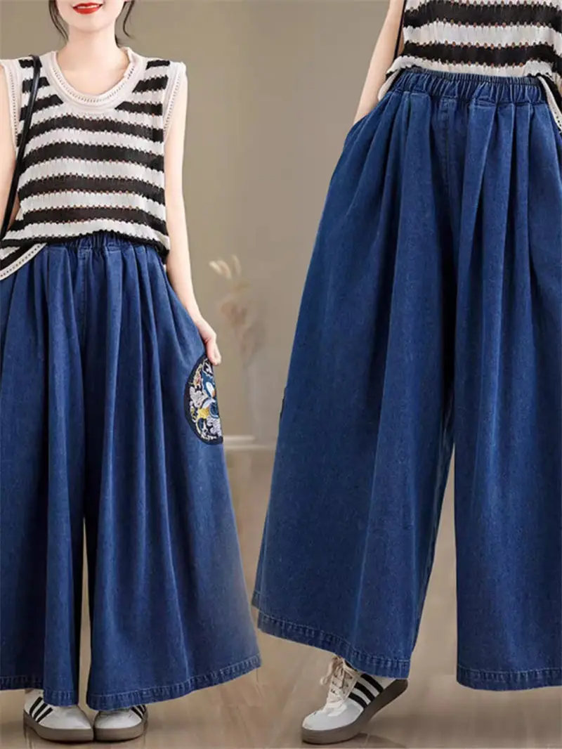 

Denim Trousers 2024 Summer Thin Chinese Style Embroidered Retro Loose Fit Oversized Casual Jeans For Women Wide Leg Pants K685