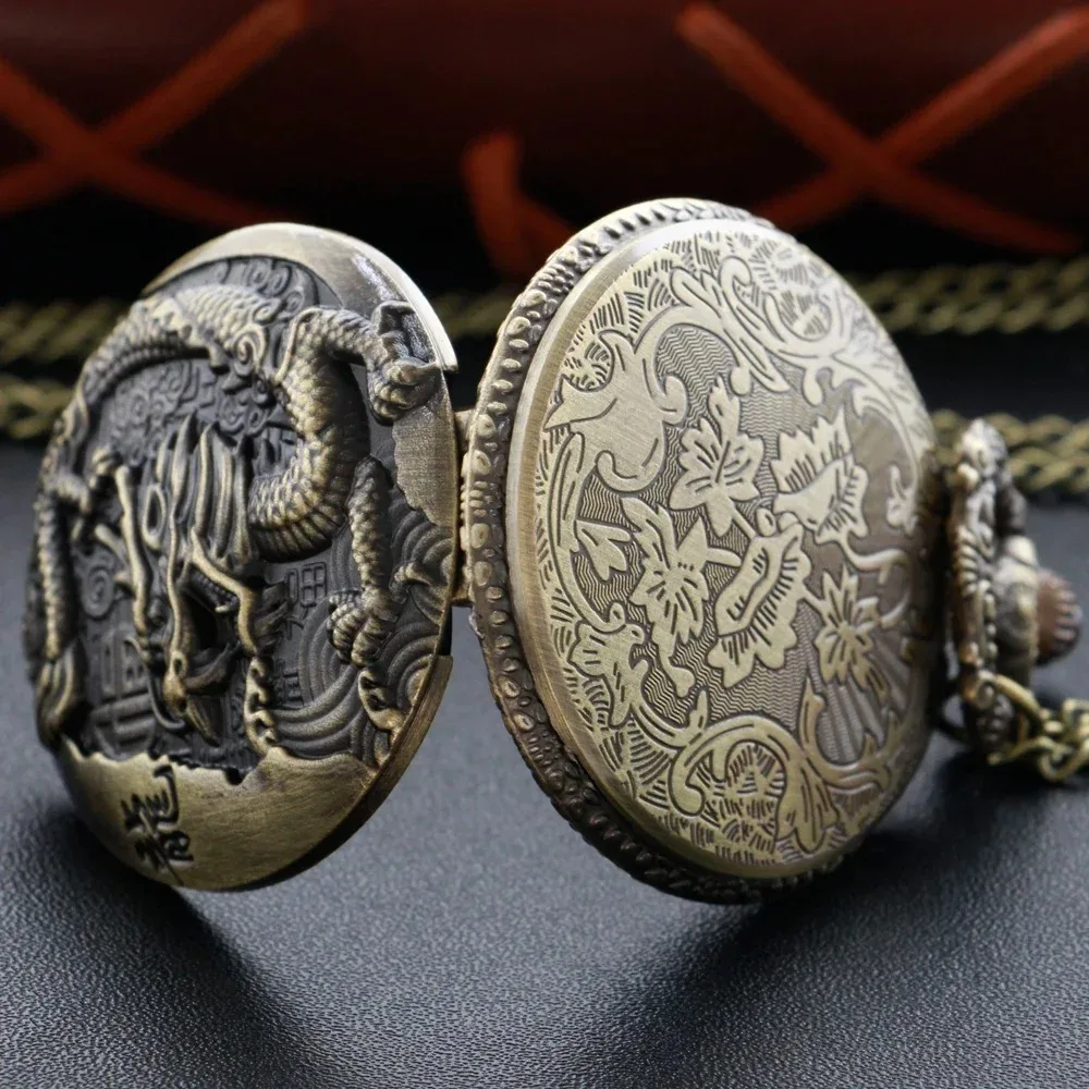 خمر العنصر الصيني التنين كوارتز ساعة الجيب البرونزية قلادة قلادة مع سلسلة Steampunk قلادة رجل امرأة تذكارية