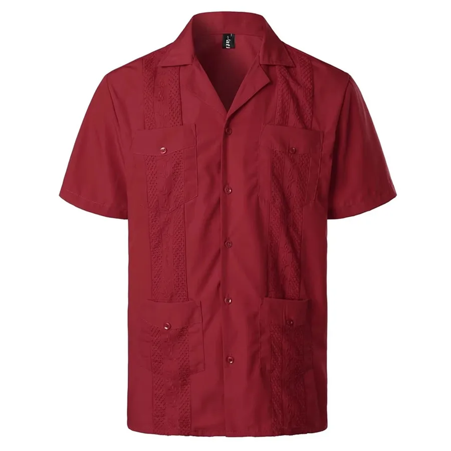 2026 Summer Red Men's Guayabera Shirts Four Pockets Embroidered Short Sleeve Shirts Mideast Men Mexican Cuban Button Shirt Tops
