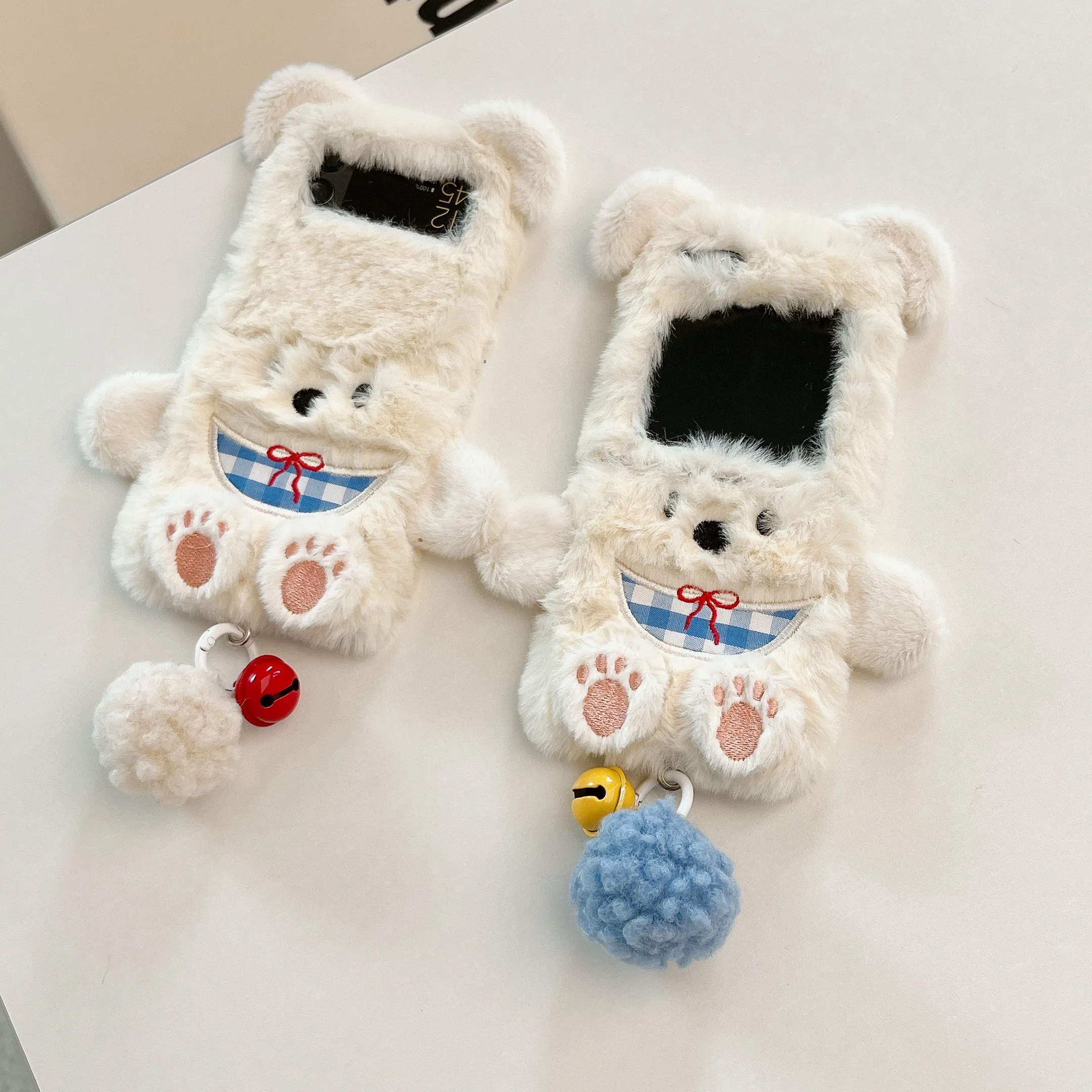 Phone Case for Samsung ZFlip 6 5 4 3 Luxury White Bow Bear  Plush Cute Folding Warm Anti-drop High Quality Shockproof Back Cover