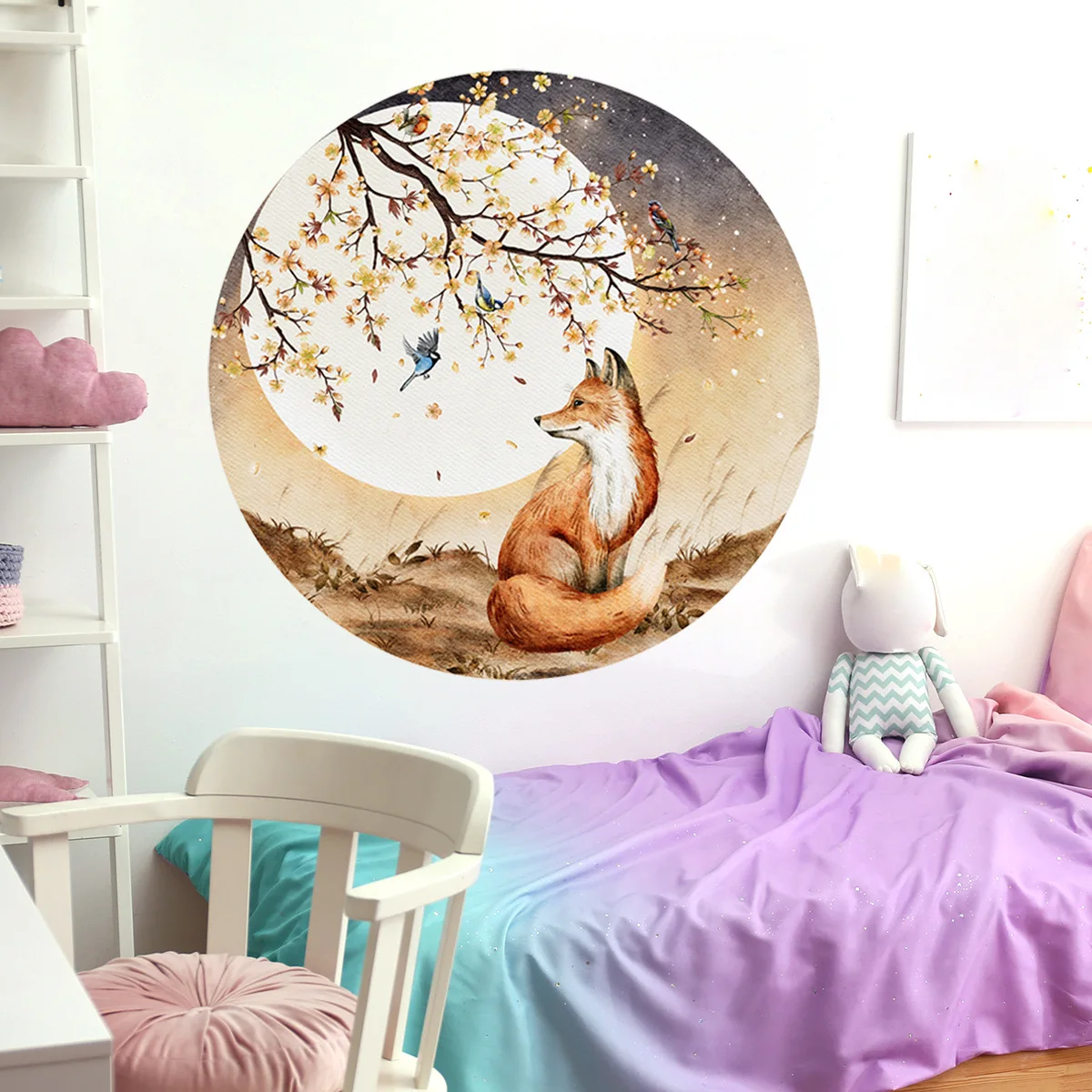 

Circle Picture Frame Wall Decals Tree Branches with Flowers Fox Stickers Kids Babies Nursery Kindergarten Decoration Art Mural