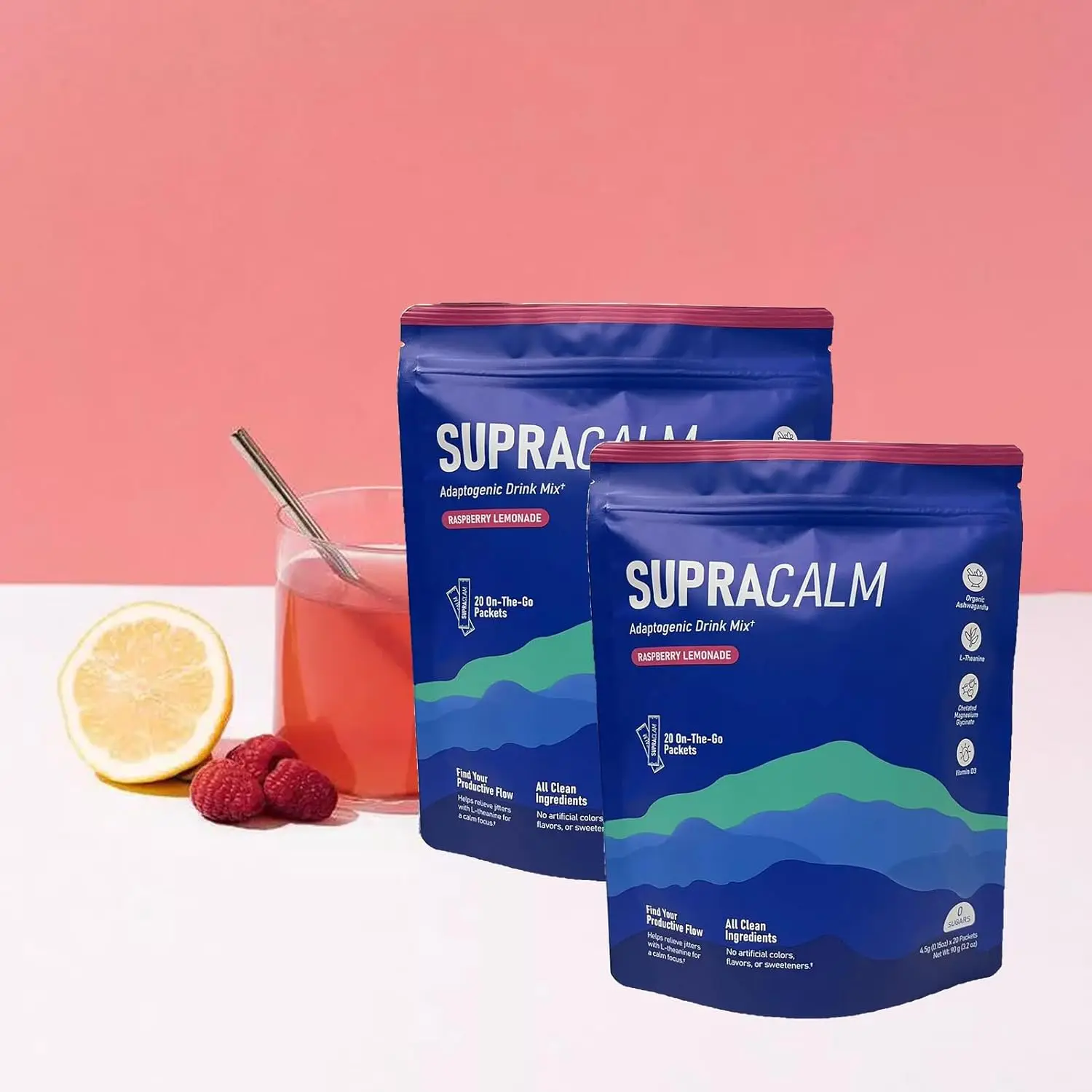 Super Calm Raspberry Lemonade Adaptogenic Drink Mix Supplements for Relaxation & Focus No Artificial Colors or Sweeteners (20)