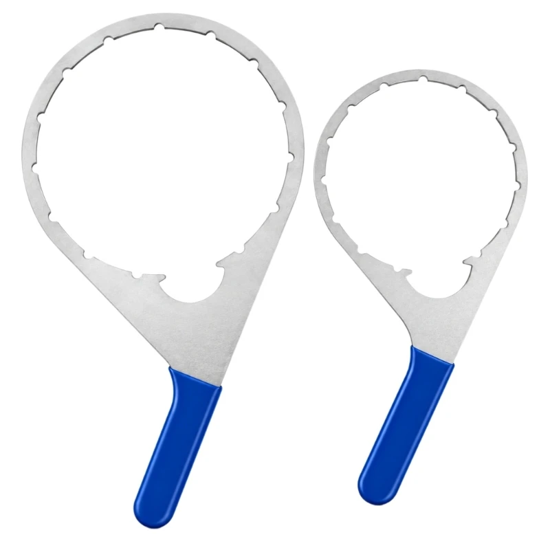 Two-Piece Filter Housing Cover Wrench Set with Notched Head Engagement Steel Construction Blue Handles and Coated Grip