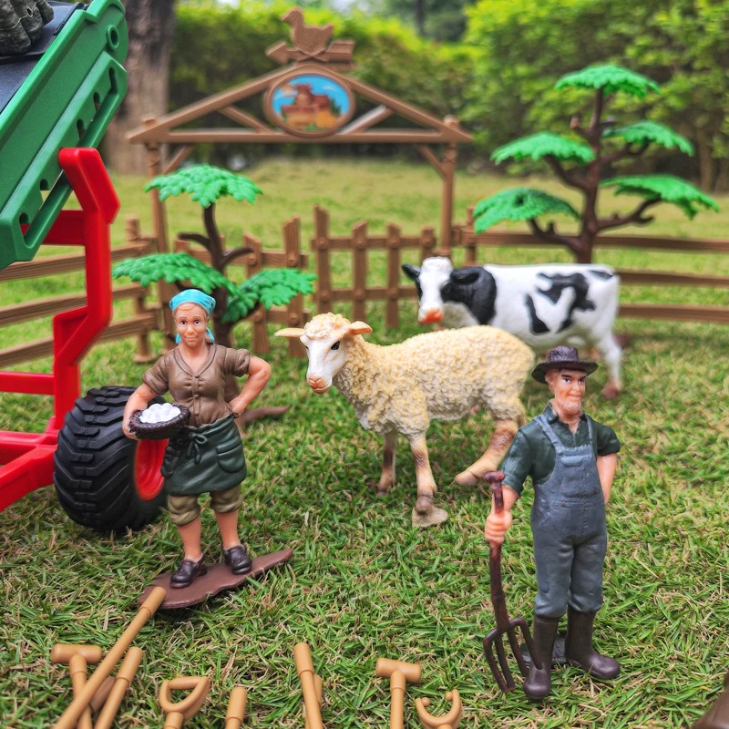 Farmer Harvester Car Model Tractor Trucks Farm Fence Scene Series Simulation Cow Horse Animal Figures Miniature Cute Kid Toy