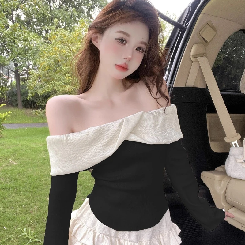 

Pure Desire Spicy Girl One Shoulder Top Female Design Sense Niche Off the Shoulder Knitted Base Shirt Inner Outfit Ins