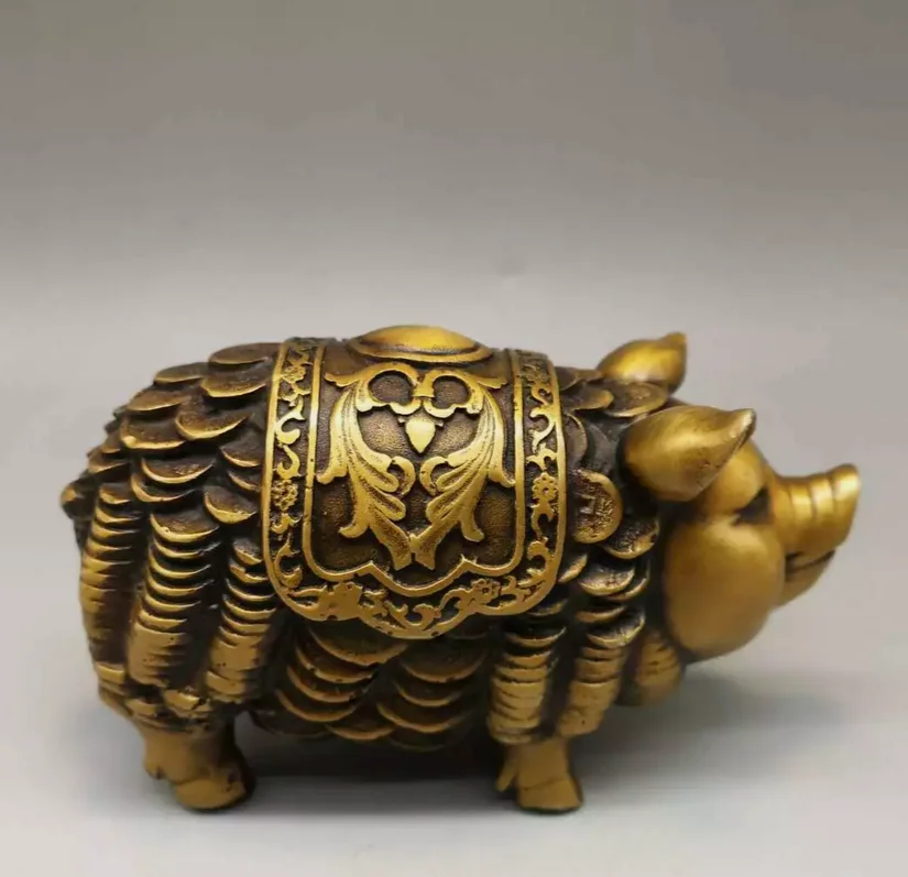 VINTAGE BRONZE HANDCARVED PIG STATUE WEALTH MONEY COIN ~WISH U WEALTH