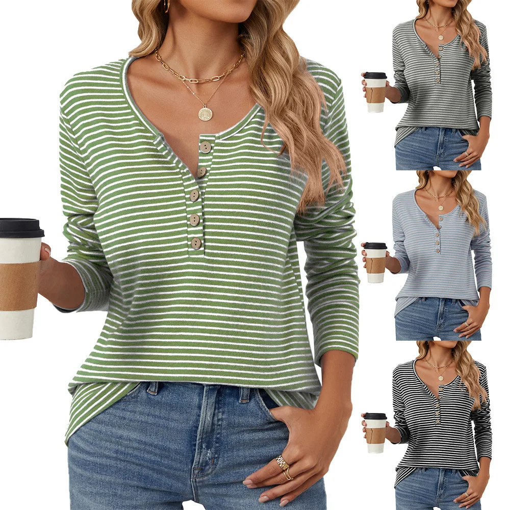 

Autumn and Winter Comfortable Round Neck Button Solid Color Striped Long-sleeved Casual T-shirt Tops Pullover Sweater Hoodies