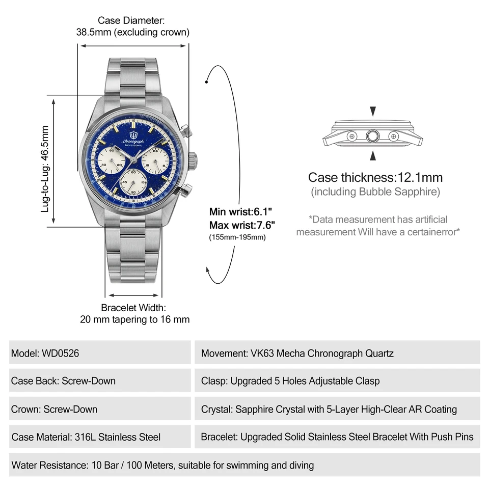 ✩⃛wato✩⃛様セミハード10m＋中間～微厚ソフト10m Watchdives WD0526 Sports Luxury Mens Watch VK63 Mecha Chronograph