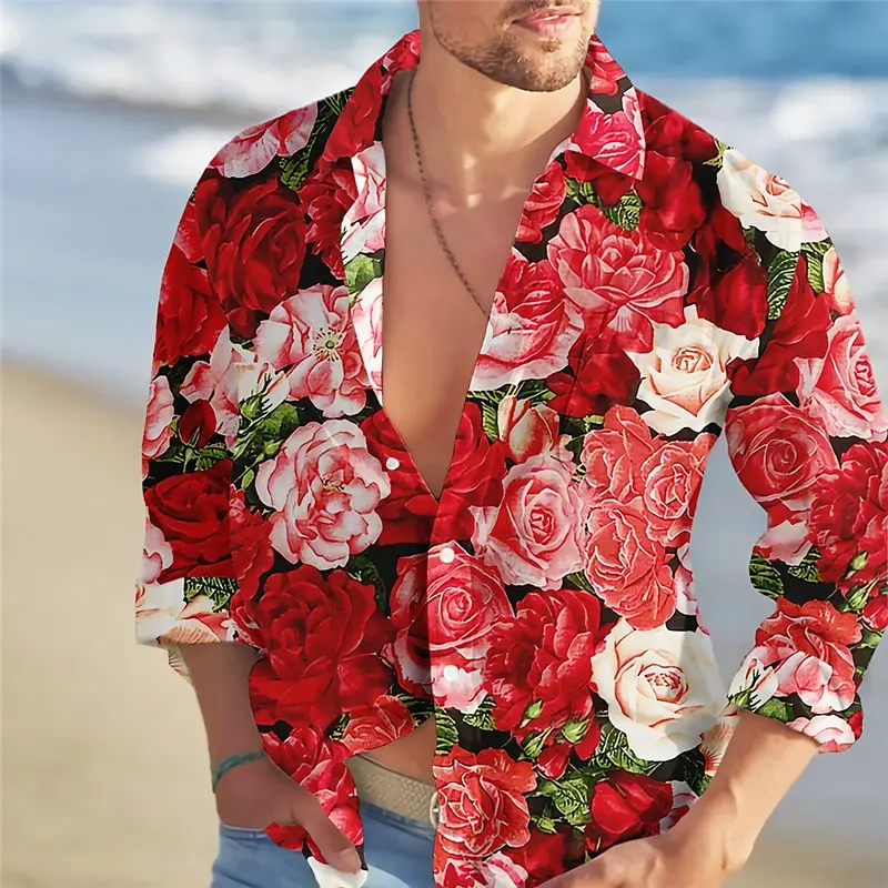 2024 New Rose Casual Men\'s Shirts Daily Wear Spring Outing Lapel Long Sleeve Shirts Valentine\'s Day Tops