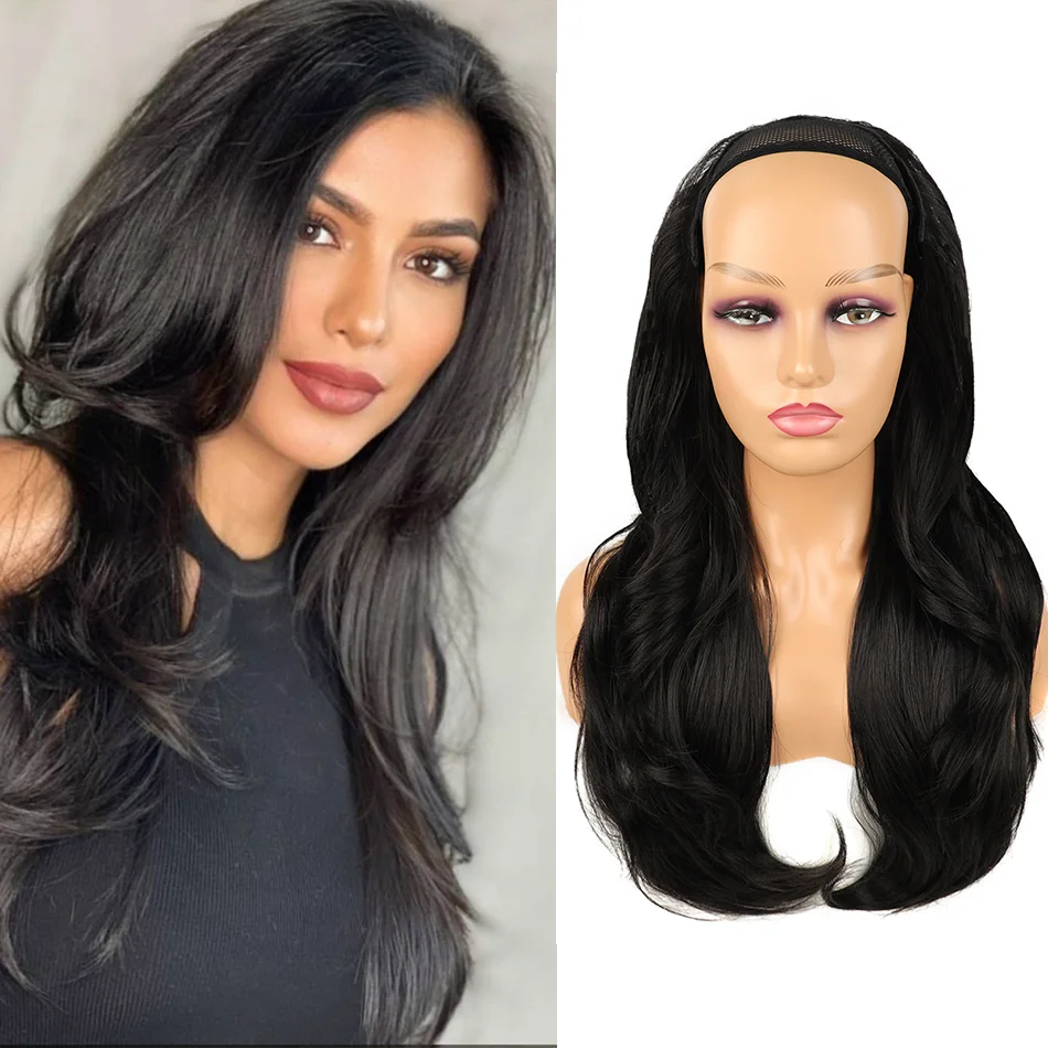 

24Inch Synthetic Long Wavy Head Tied 3/4 Half Wigs for Women With Clips In Curly Hair Extension Black Hairpieces Wigs