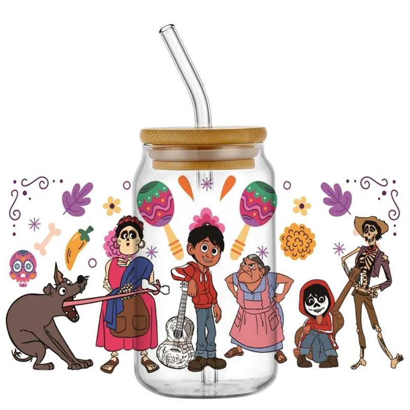 Miniso Cartoon music boy Coco Decals UV DTF Cup Wraps Transfer Stickers For 16OZ Libbey Glass Can Bottle Selfadhesive Waterproof