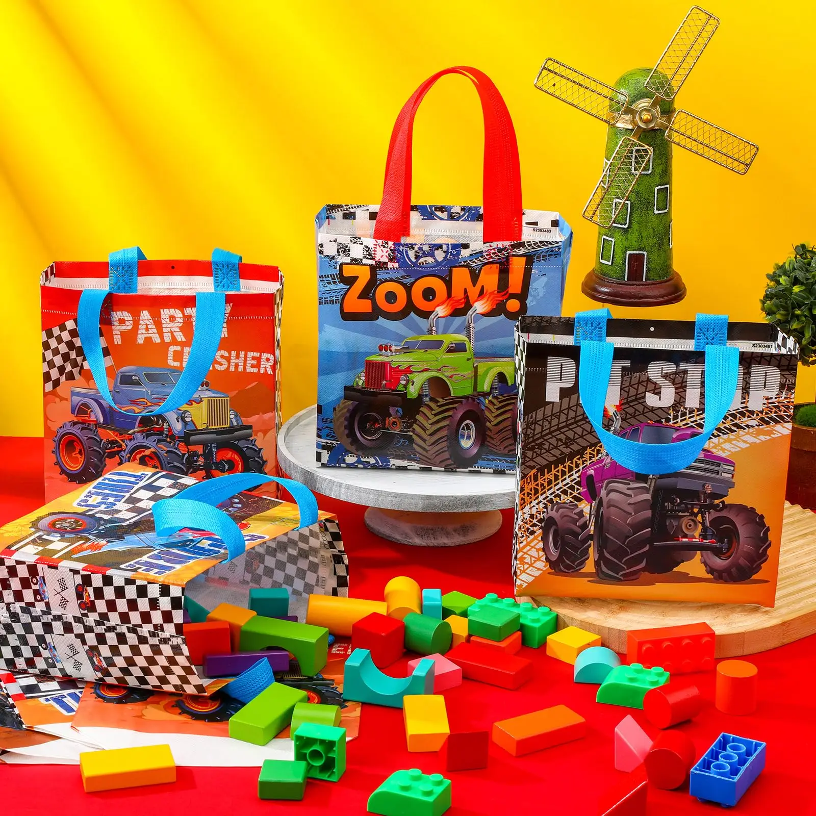 15Pcs Monster Truck Non-Woven Bags Racing Gift Tote Bag Treat Bags with Handles Boy Monster Truck Themed Birthday Party Supplies