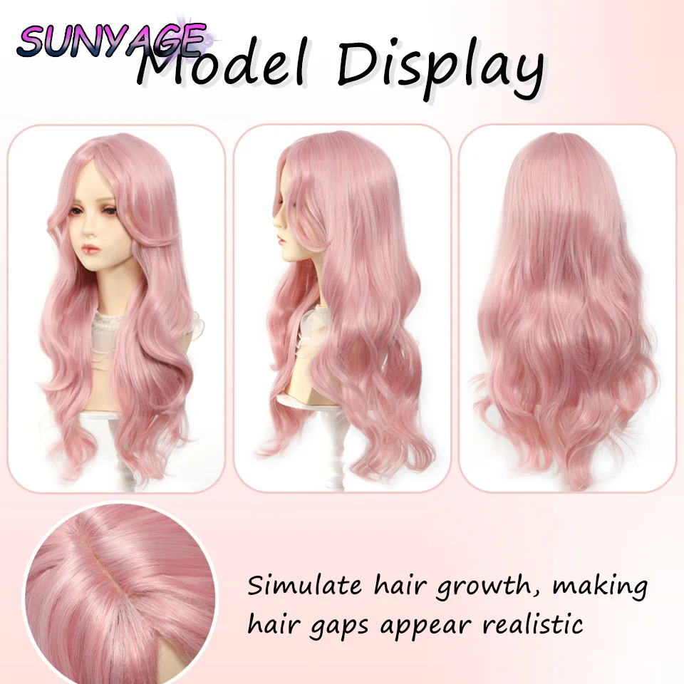 SUNYAGE Ashely Pink Wig for Women Long Wavy Cosplay Wigs Natural Soft Sweet Synthetic Wig for Daily Use School Life Lolita Wig P image 6