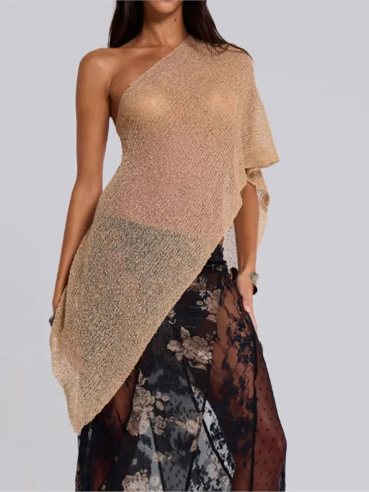 2027 Women Knitwear Bikini Cover-up See-through Solid Off Shoulder Irregular Triangle Hem Loose Pullover Summer Beach Tops