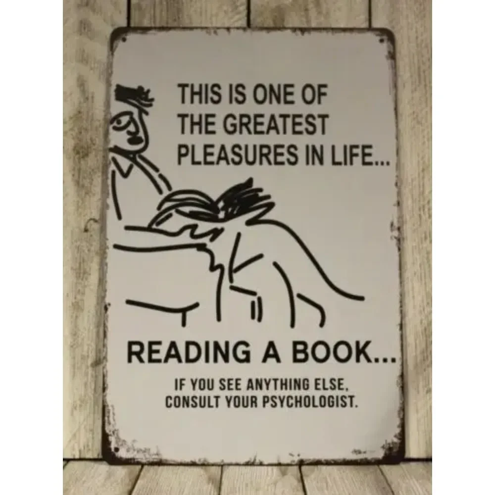 Funny Book Lover Gift Metal Tin Sign, Greatest Pleasures is Reading Quote Wall Art for Home Office Library Decor