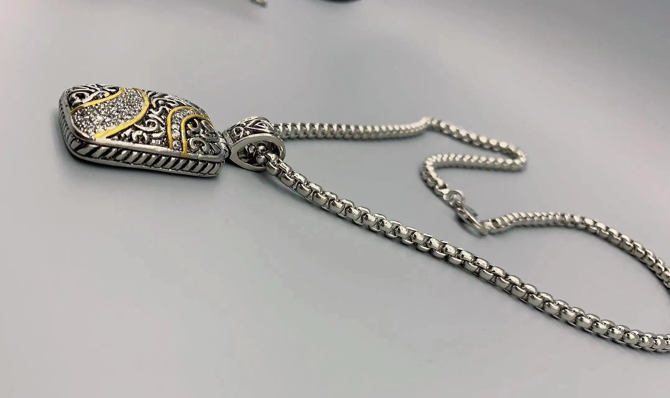 Le Han Jewelry Silver Tag Pendant Neckalce With 18K Gold Plated And Clear Cubic Zirconia Box Chain