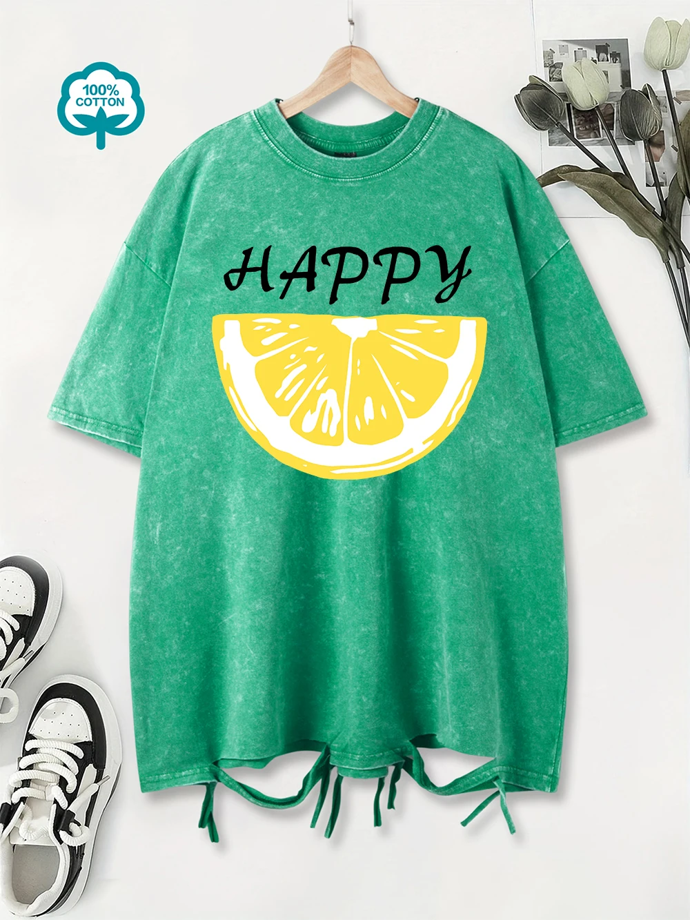 

Happy Lemon Printing Washed T-Shirt Womens Cotton Oversized Tops Comfortable Distressed O-Neck T Shirt Summer Casual Clothes