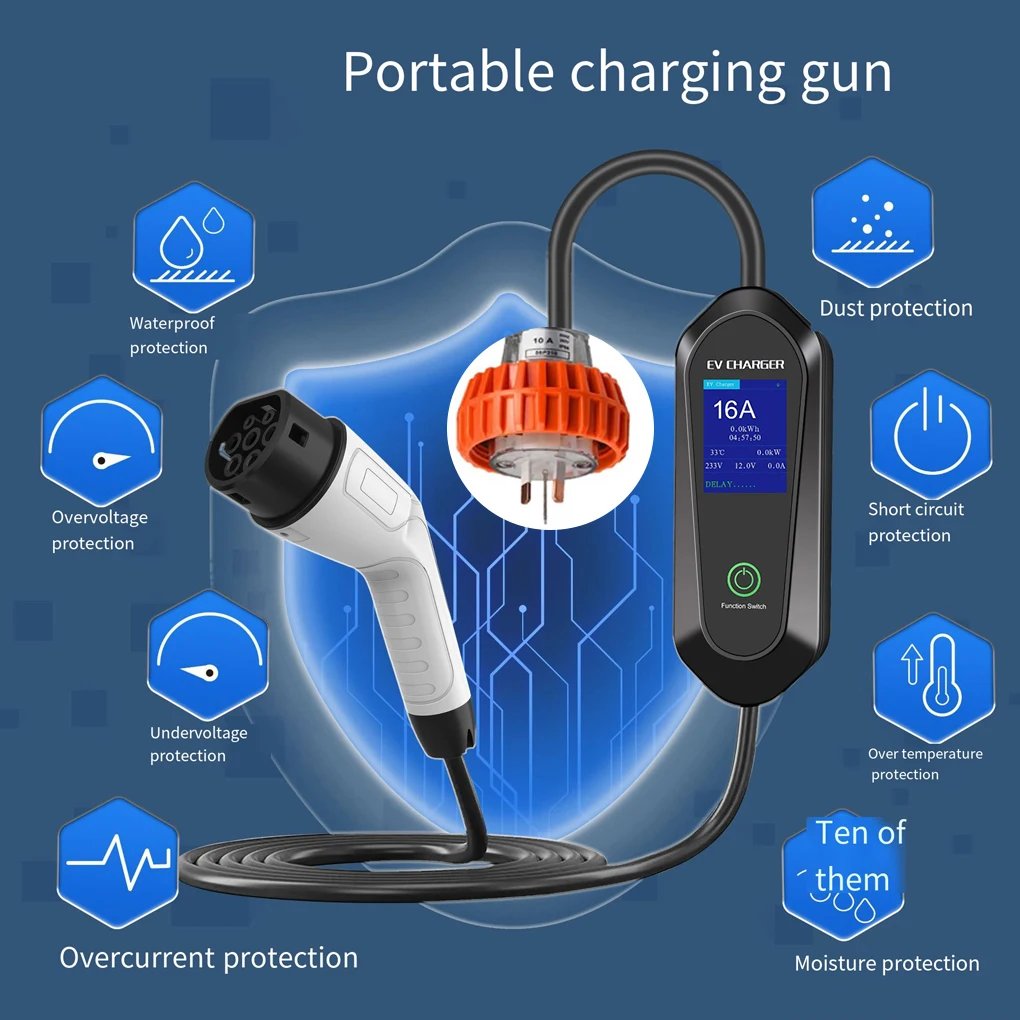 5M EV Charger Type 2 3.5KW Portable EV Portable EV Charger EV Charger 8/10/13/16A Adjustable Current AU PLUG