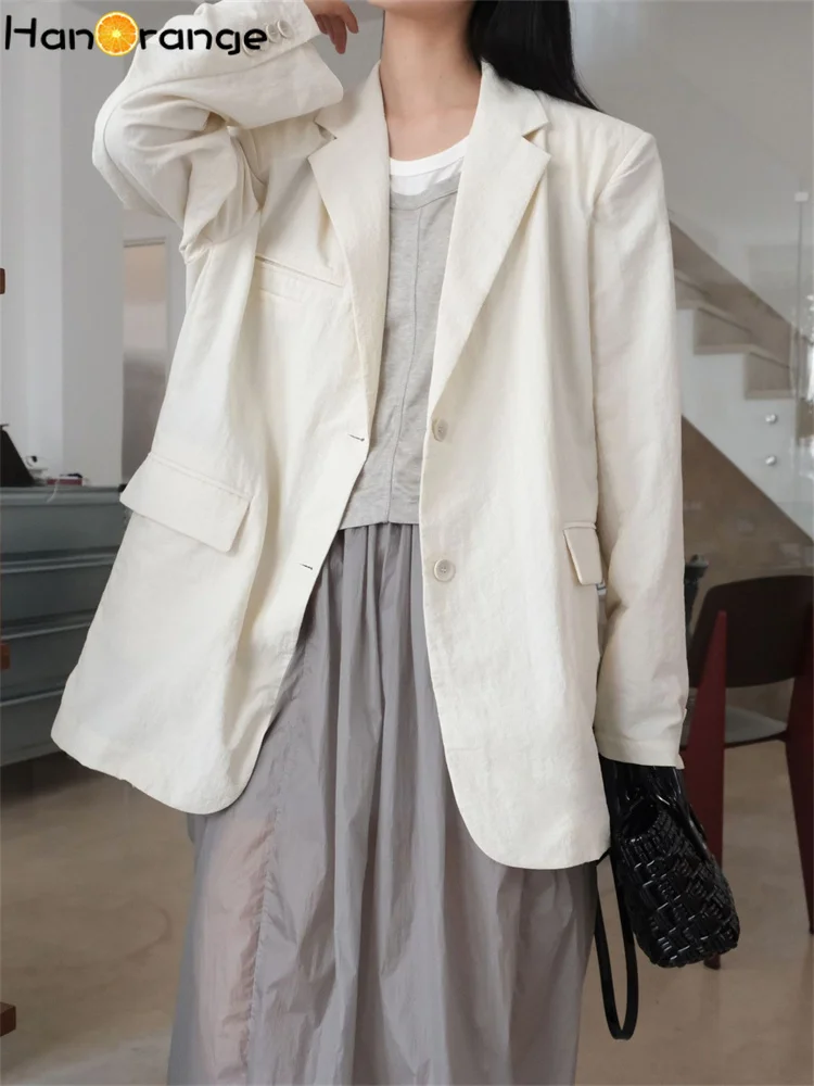 HanOrange 2024 Summer Fashion Wide Shoulder Silhouette Suit Jacket Women Lightweight Comfortable Loose Blazer Beige White