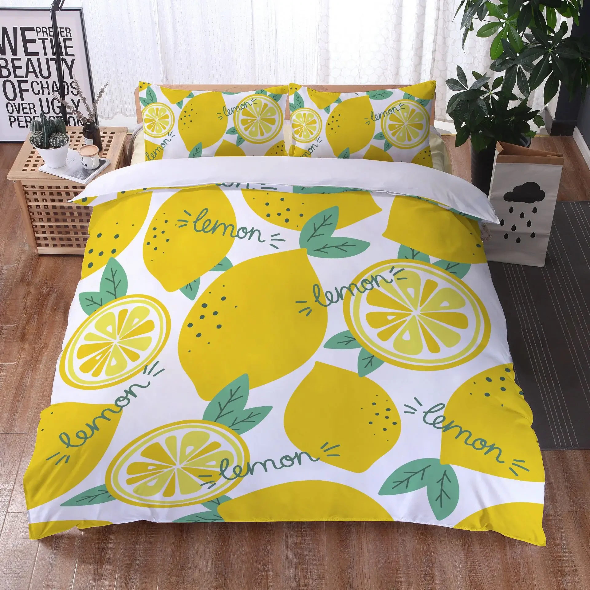 Lemon Duvet Cover Set King/Queen Size,Exotic Tropical Fruit and Leaf,Decorative 3 Piece Bedding Set with 2 Pillow Shams,yellow
