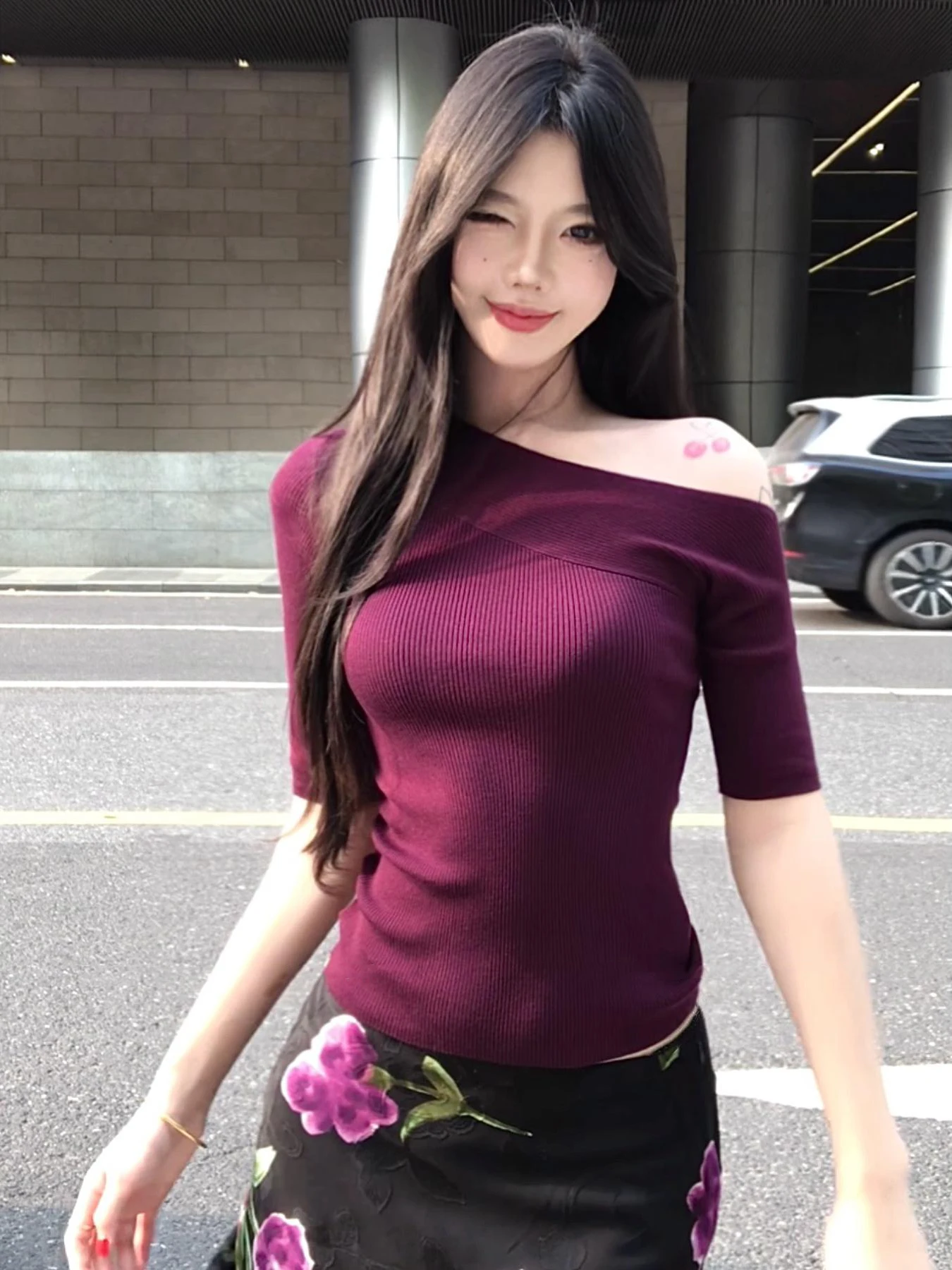 

Summer Women's Slim Fit ort Sve Knitted Top Purple Color Side oulder Design French Sle Soft Breathable Casual Wear