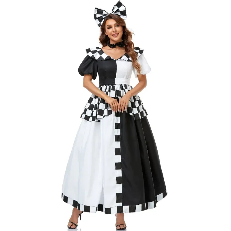 

Halloween Clown Costume Black and White Checkered Poker Princess Dress Lolita Cosplay Party Carnival Skirt