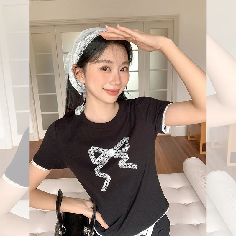 

Black Round Neck Short Sleeve T-shirt for Women, New Summer Lace and Bow Design, Hot Girl Top