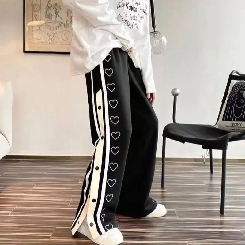 Black Hippie Pants Women Y2K Oversized Fashion Love Button Baggy Sweatpants Streetwear Straight Wide Leg Trousers Korean Style