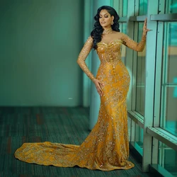 Sparkly Gold Lace Prom Dresses Sheer Neck Long Sleeves Mermaid Evening Gowns Saudi Arabia Beaded Women Formal Party Dress