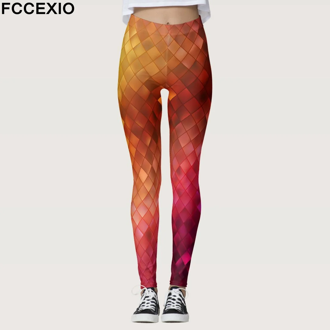 FCCEXIO Summer New Geometric Graffiti Print Women\'s Sports Leggings High Waist Running Tght Fitness Workout Yoga Gym Pants S-3XL