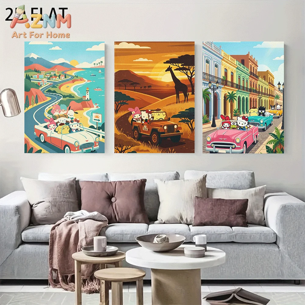 AZNM Sanrio Hello Kitty Friends Road Trip Travel Canvas Wall Art Unframed Cute Cartoon Retro Car Safari Coastal City Scenery Pai