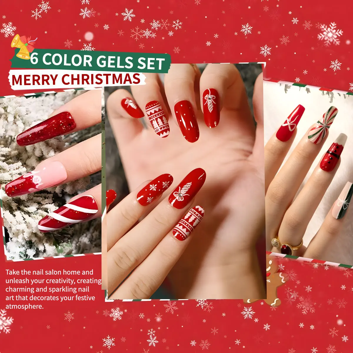 مجموعة Yuguce 6 قطع/صندوق لعيد الميلاد من سلسلة فن الأظافر، أخضر/أحمر/ذهبي/فضي، 0.24 أونصة لكل زجاجة، حجم زجاجة صغيرة، فن صالون الأظافر لأطراف الأصابع، مناسبة كصندوق هدايا للفتيات خلال العطلات، فن أظافر عيد الميلاد