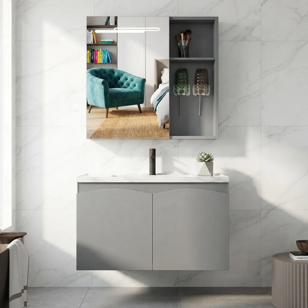 New Design Modern Moisture-Proof Lighted Mirror Stainless Steel Ceramic Wall-Mounted Washbasin Gray Vanity Bathroom Cabinet