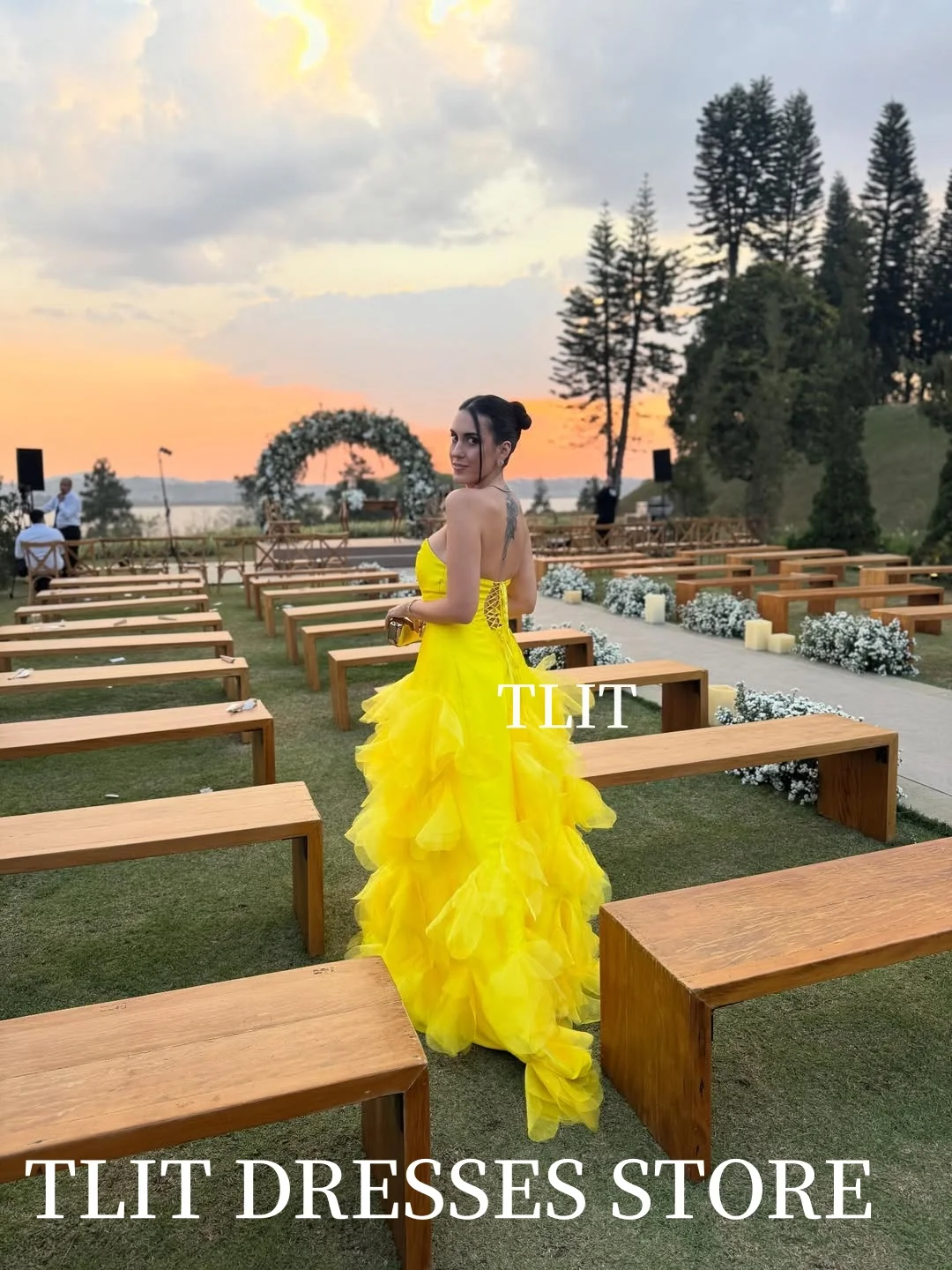 TLIT elegante amarillo claro A-Line vestido de noche de satén de seda cariño vestidos de graduación flores CorDresses personalizado فسات